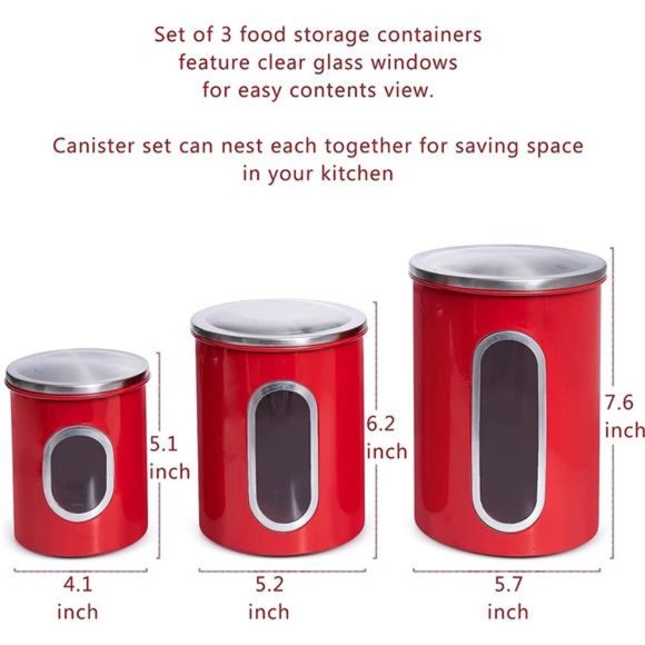 3 Piece Red Canisters Sets For The Kitchen, Kitchen Jars With See Through Window - Picture 2 of 7
